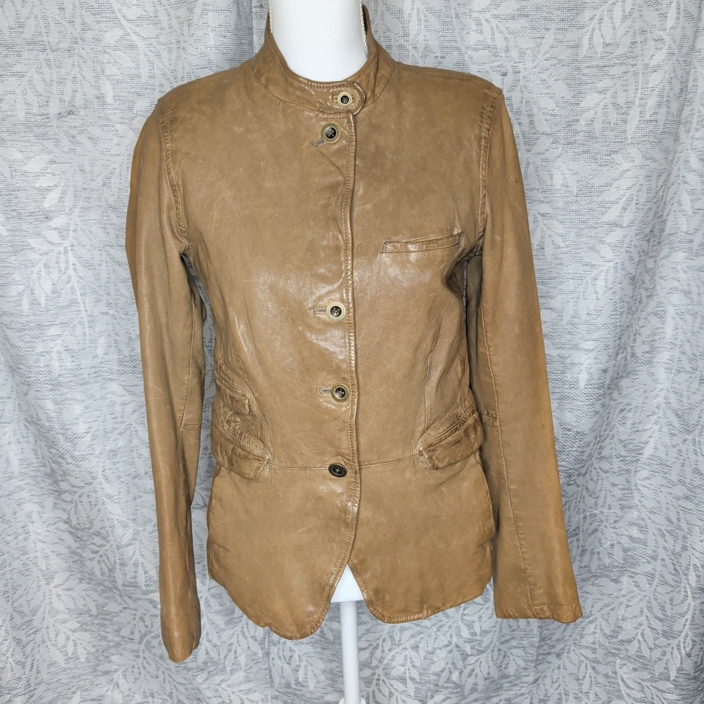 Gap Edition Womens Tan Genuine Leather Stand Collar Button Front Jacket Size M